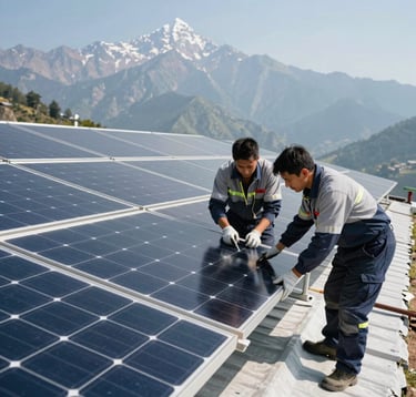 A professional solar maintenance team in the Uttarakhand region, performing a quality check on a modern rooftop solar plant. The scene is bright and professional, showing clean solar panels against a clear mountain horizon, emphasizing premium service and green energy.