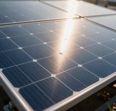 A close-up shot of high-quality monocrystalline solar panels with a glossy finish, reflecting the morning sun. The style is premium and professional, showcasing the durability and advanced technology of Pranav Solar Systems.