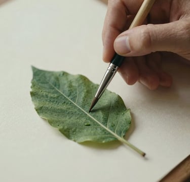 A close-up photograph focusing on an artist's hand holding a fine brush, carefully detailing a leaf on textured paper. The composition is intimate and shows meticulous attention to detail. The colors are dominated by soft sage green and deep forest green against a warm cream white background, bathed in natural, diffused lighting.