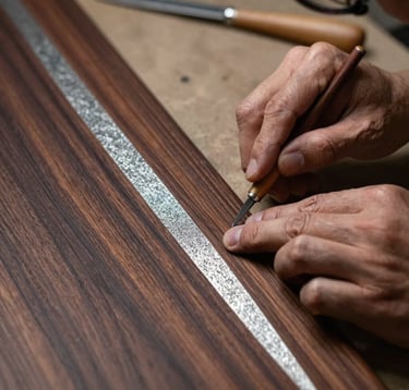 A close-up photograph focusing on the hands of a master craftsman in a studio, delicately applying a refined finish to a bespoke wood panel. The lighting is soft and focused, emphasizing the rich textures of deep espresso wood and fine silver-sand materials.