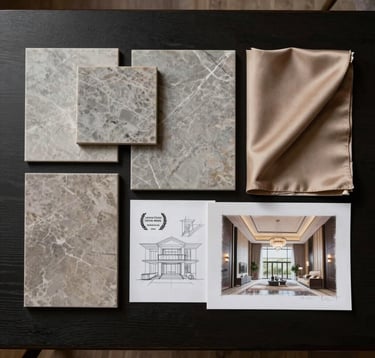 A top-down architectural photograph of a moodboard on a dark ebony desk. It features muted stone grey marble samples, warm sand taupe silk fabrics, and sketches of a luxury villa interior. Professional, organized, and artistic lighting with soft shadows.