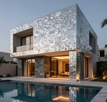 An architectural photograph of a sleek villa exterior in Cairo at twilight. The building features clean modern lines, textured silver-sand stone walls, and warm slate accents. Soft ambient lighting glows from within, reflecting off a calm lap pool in the foreground.