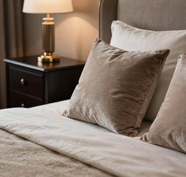 A close-up photograph of a bespoke bedroom interior. A plush bed with muted taupe velvet pillows and a warm ivory silk throw. In the background, a dark ebony wood nightstand with a designer lamp. The lighting is elegant and diffused.