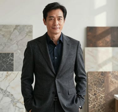 A professional portrait of a male architect in his 40s wearing a high-end tailored suit in deep charcoal. He is standing in a brightly lit studio with marble samples in silver sage and muted bronze in the background. Soft, natural light.