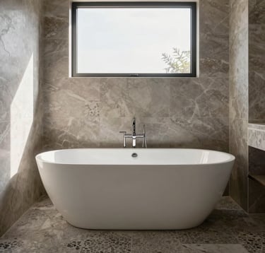 An architectural photograph of a luxury bathroom oasis. A large, freestanding white porcelain tub sits on a floor of soft pebble grey stone. The walls are finished in a muted taupe marble. Natural light streams in from a high window, highlighting the clean, modern lines and premium finishing.