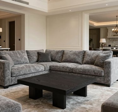 A professional interior photograph of a premium villa lounge. A sophisticated soft pebble grey sofa is paired with a dark ebony wood coffee table. The walls are a warm ivory with subtle architectural molding. The space feels open, airy, and exclusive.