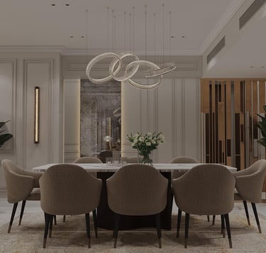 Modern luxury dining room featuring a marble table, velvet chairs, and a contemporary halo chandelier.
