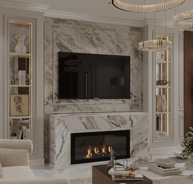 Luxury living room featuring a marble fireplace, wall-mounted TV, and elegant built-in shelving.