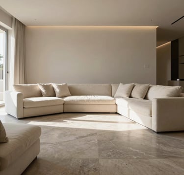 A wide-angle professional photograph of a completed luxury living room in a Cairo villa. Sunlight streams onto soft alabaster cream sofas. The floor is a polished muted stone grey. Minimalist, expensive, and tranquil atmosphere.