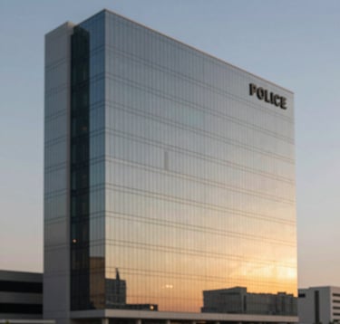 A minimalist, wide-angle shot of the Dubai Police Headquarters' modern glass facade reflecting a golden sunset. The architectural lines are sharp and sophisticated, using the #607B8B and #B28F5D tones to emphasize a futuristic, secure environment.
