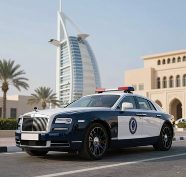 A low-angle shot of a Dubai Police luxury supercar patrol parked in front of the Burj Al Arab. The vehicle's white and dark navy livery looks sharp against the sun-drenched architecture.