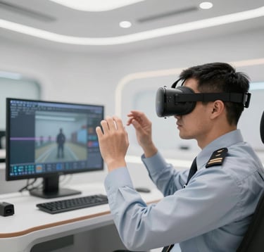 A close-up of a high-tech training simulator in a luxury facility. An officer is using virtual reality gear. The aesthetics are clean, white, and #F2F4F7 focused, with subtle #B28F5D light accents, showcasing advanced professional development.