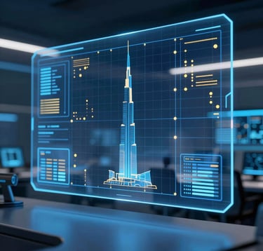 A high-tech digital control room atmosphere with a semi-transparent holographic interface displaying a 3D security grid of Dubai. The lighting uses sleek steel blue (#607B8B) and deep navy (#0A1128), with sharp gold data points (#B28F5D). It reflects the innovative spirit and technological authority of the force.