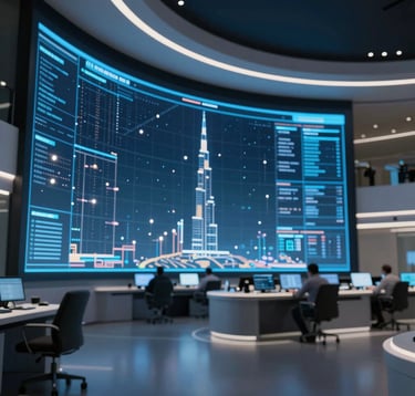 An ultra-modern command and control center interior. Large curved glass screens display a digital twin of Dubai with glowing data points. The atmosphere is cool and sophisticated with deep navy tones and sharp slate blue highlights.