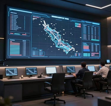 A high-resolution interior view of a command and control center. Multiple large holographic displays show data points across a map of Dubai. The room is dark (#0A1128) with #607B8B consoles and soft #B28F5D highlights, representing futuristic authority.