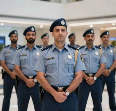 A group of Dubai Police officers in sharp, tailored uniforms standing with professional poise in a high-tech lobby. The color palette includes #607B8B and #F2F4F7 accents. The lighting is bright and prestigious, highlighting the silver and gold insignias on their uniforms.