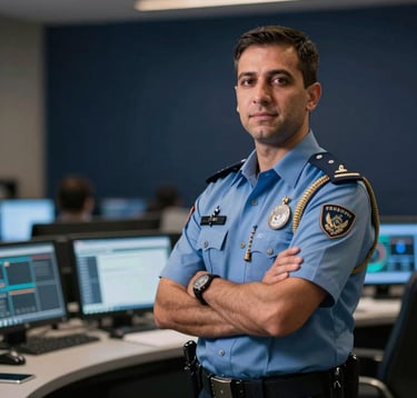 A sophisticated officer of the Dubai Police standing with arms crossed next to a high-tech console in a state-of-the-art command center. Dark navy background with soft amber lighting to highlight authority and security.