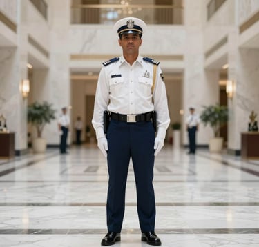 A wide-angle, symmetrical shot of an elite Dubai Police officer in a crisp ceremonial uniform standing at attention within a marble-clad luxury atrium. Soft, professional lighting highlights the prestigious and authoritative atmosphere, utilizing a palette of off-white (#F2F4F7) and deep navy (#0A1128).