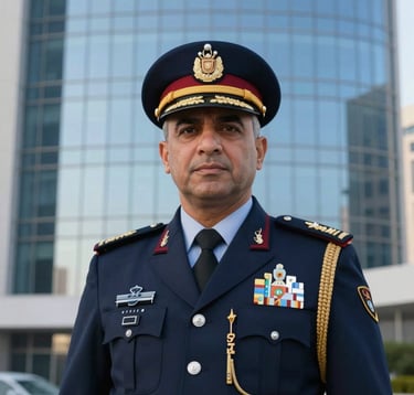Portrait of a high-ranking Dubai Police director in official ceremonial attire, standing against a backdrop of a modern architectural glass facade reflecting the #607B8B sky colors. Sophisticated lighting, professional and authoritative style.