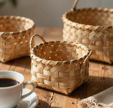An elegant close-up of handmade Brazilian 'cestaria mineira' baskets woven from natural fibers, displayed on a rustic wooden table next to a warm cup of coffee, soft morning sunlight, cosy Pinterest style photography.