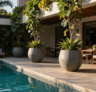 A beautiful contemporary South American gourmet area with a clear swimming pool, styled with large, sophisticated grey polyethylene planters and climbing green foliage under warm afternoon sunlight, professional photography.