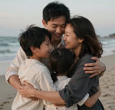 A candid, close-up shot of a family of four sharing a hug on a beach at dusk. The lighting is soft and natural. Their clothing features muted cream and charcoal tones. The atmosphere is warm and authentically joyful, reflecting a storytelling lifestyle photography style.