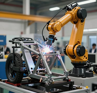 A sharp photography shot of a high-tech manufacturing line featuring a robotic welding arm as it works on a steel electric tricycle frame. Sparks are visible, emphasizing industrial precision. Global / International factory setting.