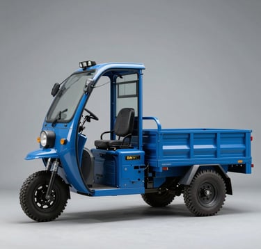 A side-profile studio shot of a BN-HYC heavy-duty cargo loader electric tricycle in steel blue. The vehicle features a large metal carriage and robust suspension. The lighting is clean and professional against a neutral background. Global / International style.