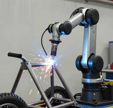 A detailed close-up of a high-tech robotic welding arm emitting bright sparks as it precision-welds a steel electric tricycle frame. The lighting features cool blue tones against an industrial off-white background.