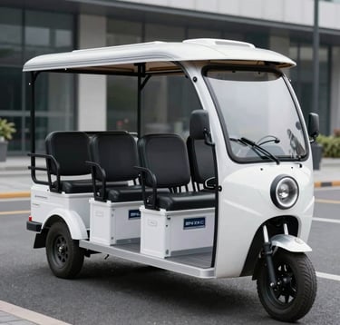 A professional photography shot of a white BN-ZKC series passenger electric tricycle for five passengers, shown on a clean modern street. The design is sleek and professional. Global / International style.