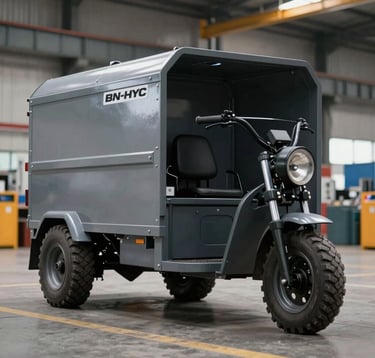A heavy-duty BN-HYC electric cargo loader tricycle shown in an industrial warehouse setting. The vehicle features a large rear carriage and robust tires, shot with sharp focus to emphasize its durable engineering.