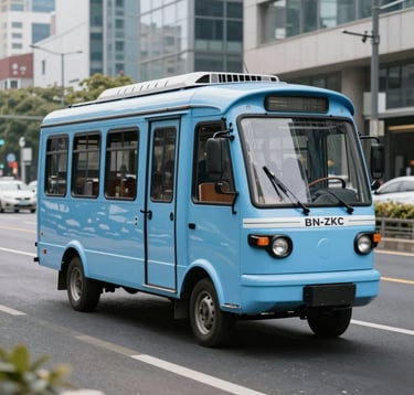 A photography shot of a BN-ZKC series passenger tricycle, finished in a clean light blue, navigating a modern metropolitan road in a global international setting. The lighting is crisp, emphasizing its sleek design for urban transit.