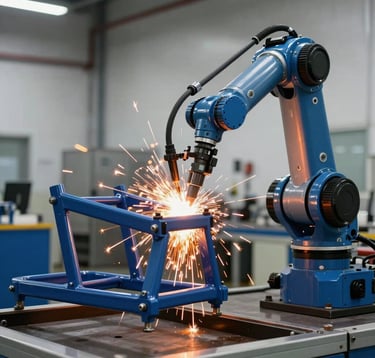 A professional industrial shot of a robotic welding arm in action on a tricycle frame. Bright orange sparks contrast with the metallic deep blue machinery. The environment is a high-output, clean manufacturing floor.
