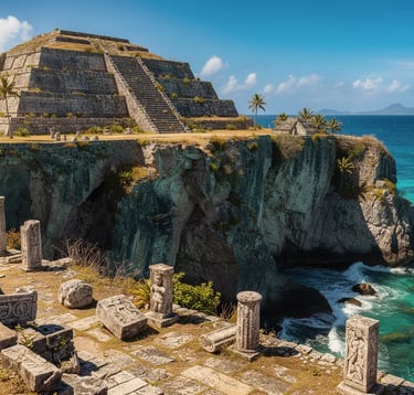 Ancient Mayan ruins and stone pyramid on a coastal cliff overlooking turquoise ocean waters.