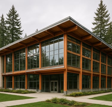 A wide shot of a bright, modern university campus building in the North American / US Pacific Northwest, featuring large glass windows and integrated wood beams, surrounded by tall evergreen trees under a soft, overcast sky.