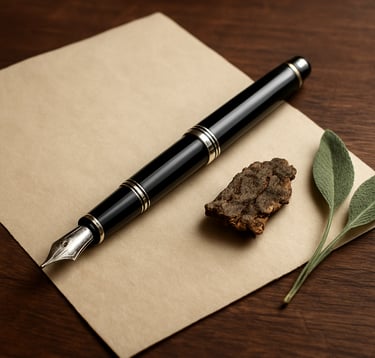 Detailed photography of a classic fountain pen with silver accents resting on a crisp parchment-colored manuscript. A small piece of wood bark and a sprig of sage are placed neatly beside the paper on a dark brown wooden tabletop. Professional, scholarly atmosphere with soft, natural lighting.