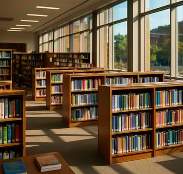 A bright, modern university campus bookstore in the US, with sunlight streaming through large glass panes, showing rows of neatly organized academic books and a peaceful atmosphere.