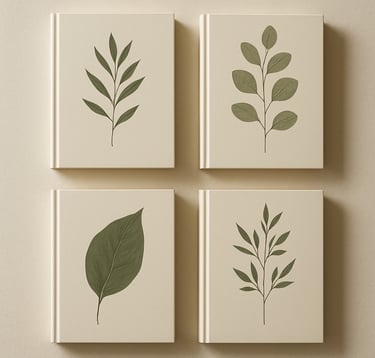 Top-down view of professional textbook covers featuring minimalist botanical patterns and elegant serif typography, resting on a crisp parchment-colored surface, clean and sophisticated North American design aesthetic.