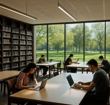 A wide-angle photography shot of a modern university library interior in the US. Large floor-to-ceiling windows look out onto a vibrant green park. Inside, sleek dark brown wooden bookshelves are filled with scholarly volumes, and students sit at clean, crisp parchment-colored tables.