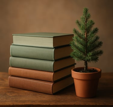 A stack of hardcover academic books with sage green and wood brown spines, neatly arranged on a rustic wooden table. Beside them sits a small potted pine tree, symbolizing intellectual growth. North American / US academic setting.