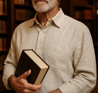 A close-up photograph of a professor in a crisp parchment-colored linen shirt holding a high-quality textbook. The setting is a classic North American university library with dark wood bookshelves and soft, warm lighting.