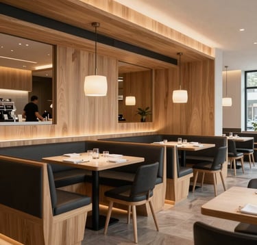 A high-end restaurant interior in the US, designed with a Scandinavian aesthetic featuring light wood, sleek black seating, and warm lighting. The atmosphere is cozy yet professional, showcasing a space that has been optimized for high-value operations and customer experience.