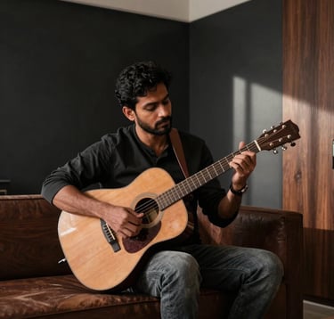 Photography of a solo Indian male musician playing an acoustic guitar in a sleek, minimalist room with deep cedar brown accents and soft morning light hitting the charcoal black walls.