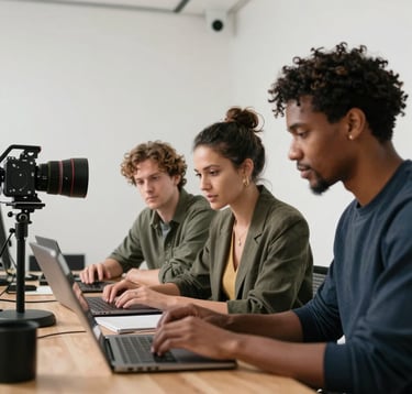 A group of three diverse music industry professionals collaborating over a laptop in a modern, sophisticated workspace with bone white walls and professional studio equipment.