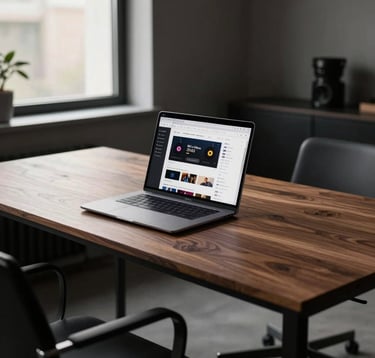 A professional interior photograph of a modern music management office. A Deep Walnut Brown wooden table sits in a room with Charcoal Black minimalist furniture. A laptop on the table shows a high-end music distribution platform. Soft morning light coming through a window.