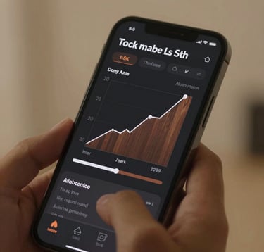 A close-up photography shot of a smartphone screen displaying a sleek music analytics dashboard with rising graphs. The phone is held by a hand in a room with Warm Sand Beige walls. The interface features Charcoal Black and Deep Walnut Brown accents, looking modern and sophisticated.