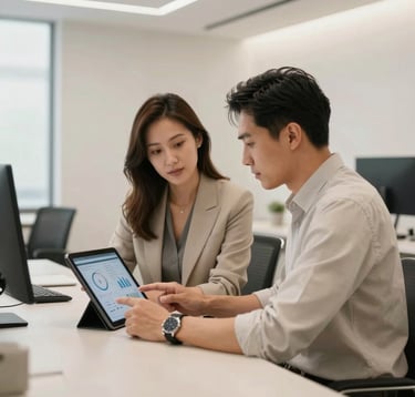 Two music business professionals collaborating in a sleek, modern office. They are looking at a tablet showing data insights. The room is decorated in an off-white and soft sand palette with dark charcoal furniture. Professional and globally-minded style.