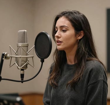 A focused singer recording in a booth, soft lighting on a high-end microphone, reflecting a professional and globally-minded aesthetic in warm muted sand tones.