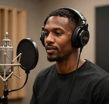 A professional portrait of a growing artist in a vocal booth, wearing high-quality headphones. The lighting is warm with deep bronze and soft sand highlights. The background is a blurred professional studio environment, conveying progress and confidence.