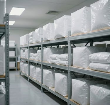 An editorial wide shot of a sterile, high-end North American / US logistics center showing silver shelving units and monochromatic packaging, bureau-grade aesthetic with clear depth of field.
